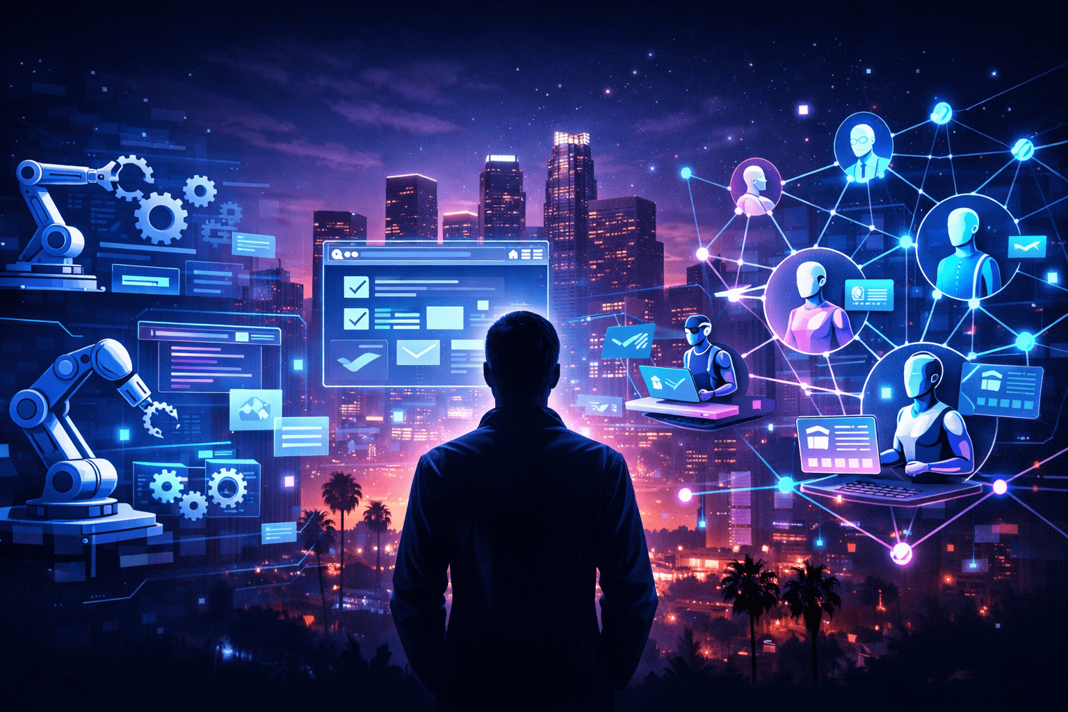 Cyberpunk-style illustration of a silhouetted figure overlooking a neon-lit city, surrounded by holographic interfaces showing robotic automation, browser-based tasks, and interconnected AI agents collaborating across a digital network.