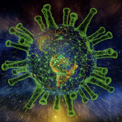 Earth enclosed within the COVID-19 virus.